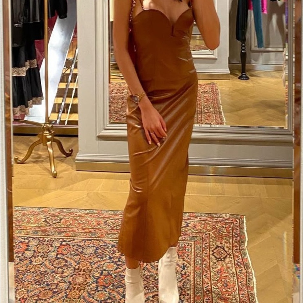 Zara Leather Strapless Tan Dress